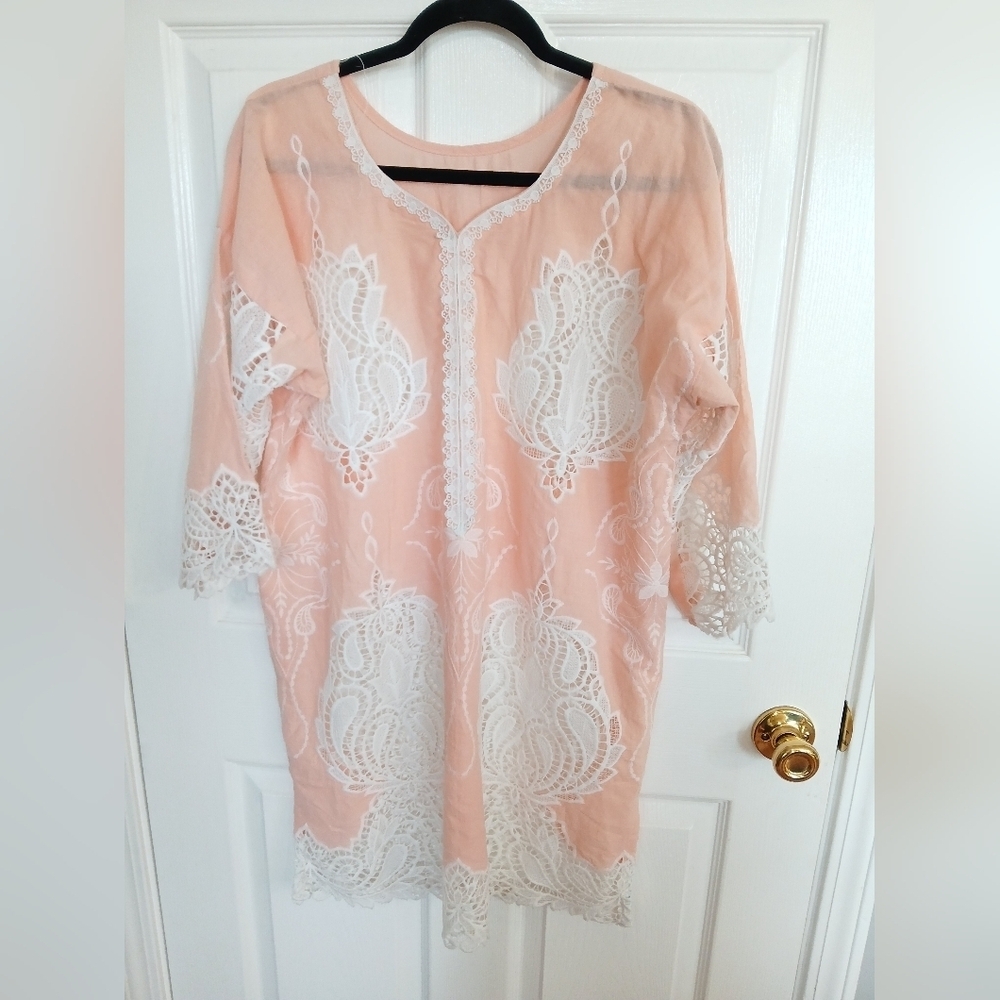 Peach and White Lace Tunic Sheer Beach Cover Up Cruise Resort Wear Crochet Pool